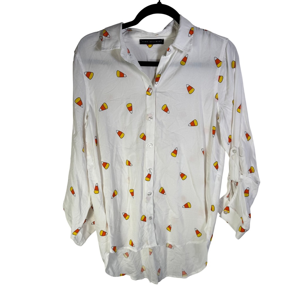 Jane + Delancey Womens Small Candy Corn Print Roll Tab Button Down Shirt White